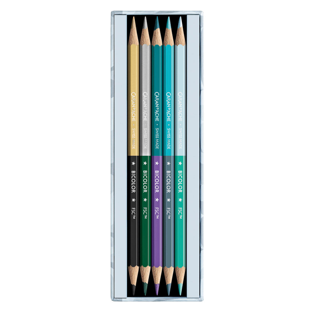 Caran d’Ache Bicolor Kleurpotloden Alpine Frost – set van 9 met penseel