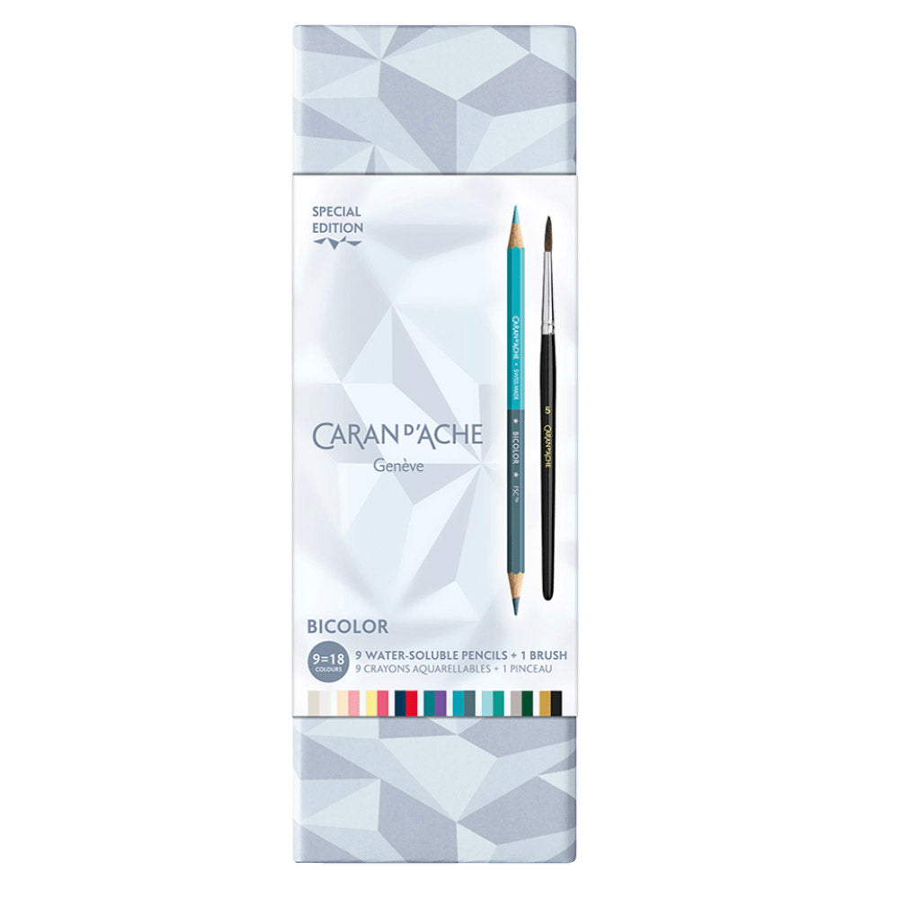 Caran d’Ache Bicolor Kleurpotloden Alpine Frost – set van 9 met penseel