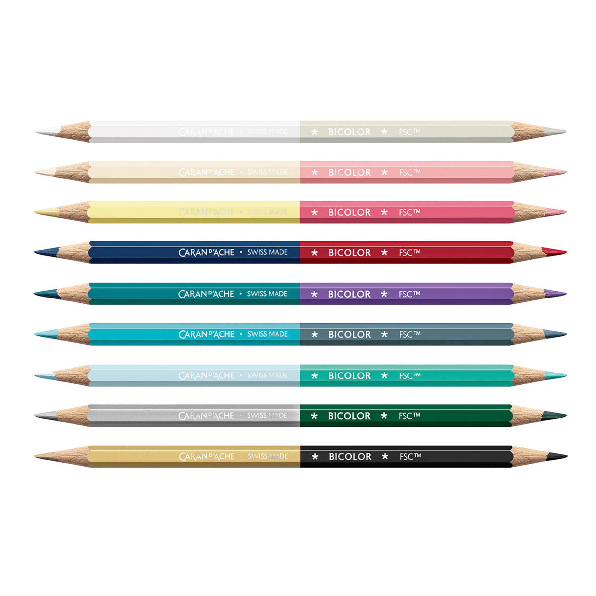 Caran d’Ache Bicolor Kleurpotloden Alpine Frost – set van 9 met penseel