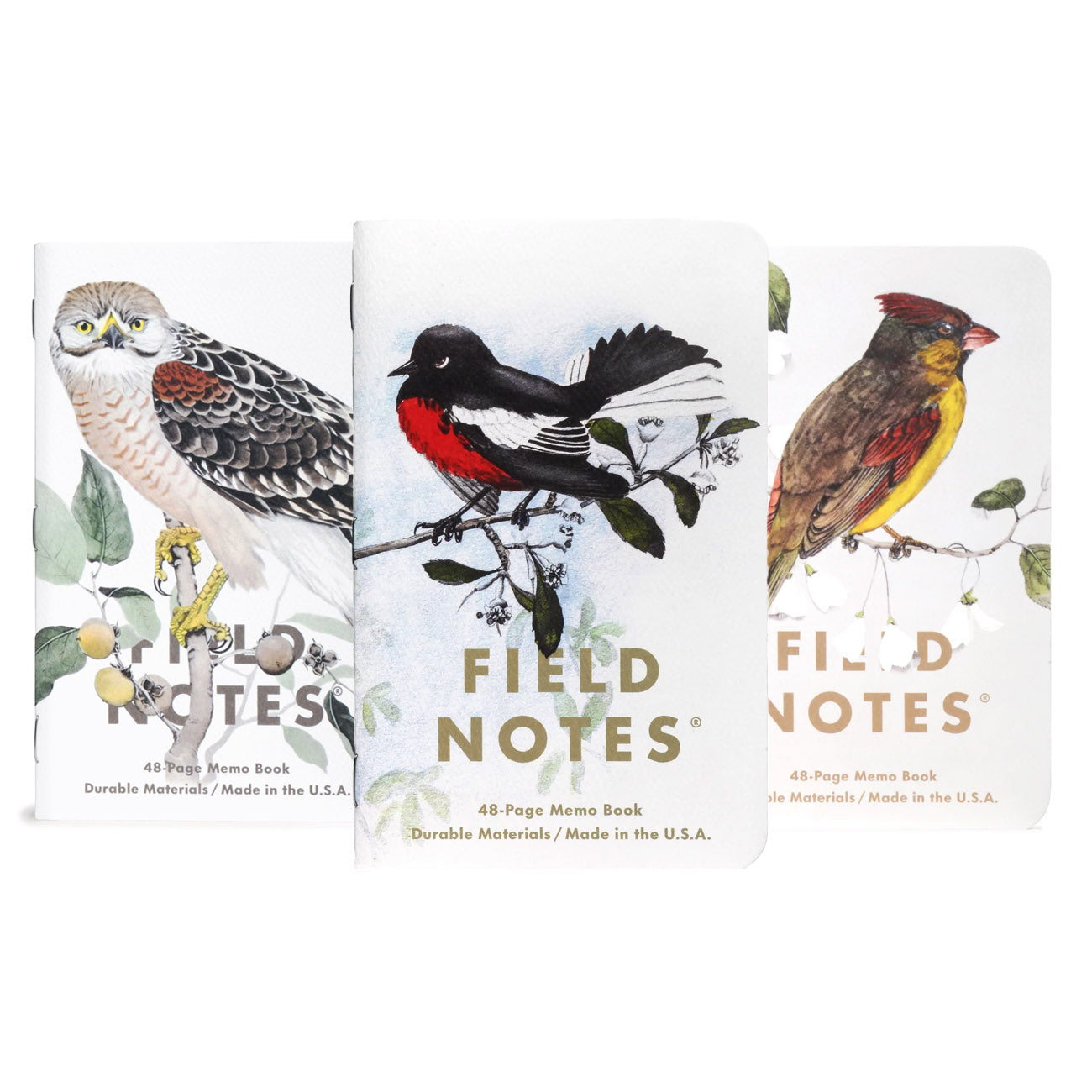 Field Notes Pack C – Painted Redstart, Cardinal en Redshoulder Hawk op handgetekende notitieboekjes