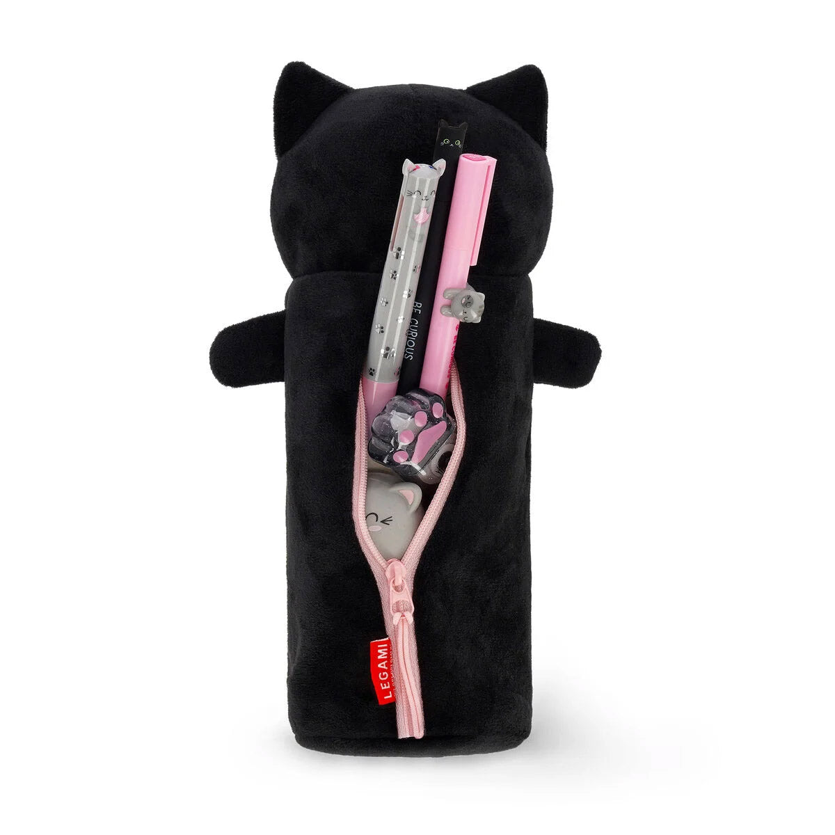 Legami Etui Super Soft - Kitty - Achterkant met rits open en een aantal pennen