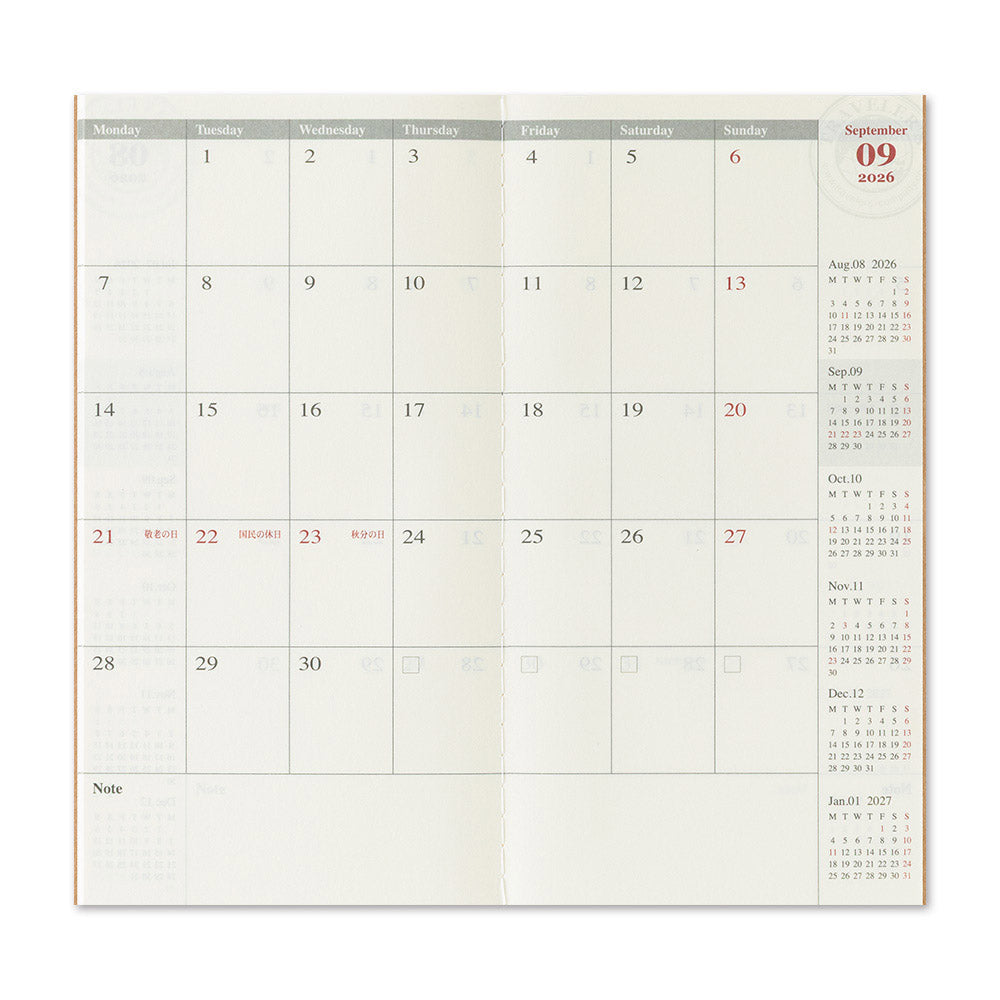 TRAVELER'S Refill Regular Diary 2026 - Monthly - Detail Maandoverzicht