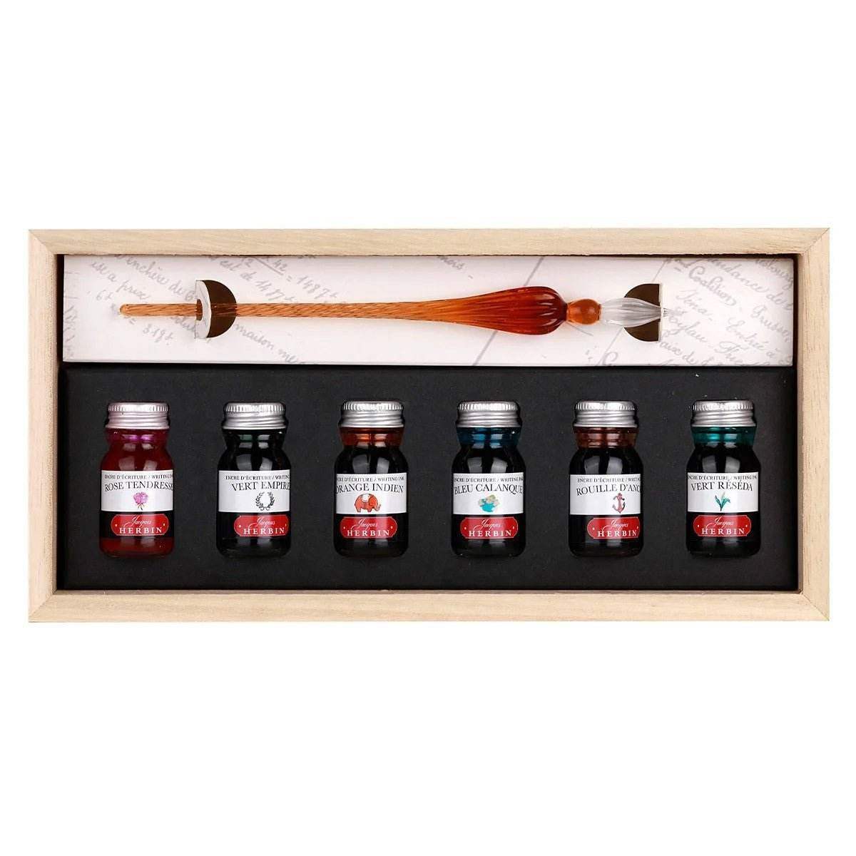J. Herbin Glazen Dip Pen Set - 6 Kleuren Inkt - 24Papershop