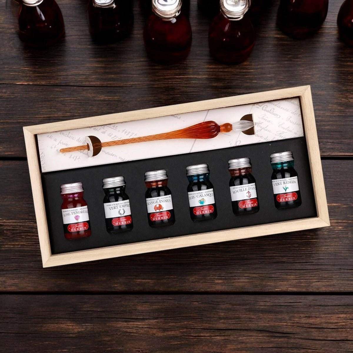 J. Herbin Glazen Dip Pen Set - 6 Kleuren Inkt - 24Papershop