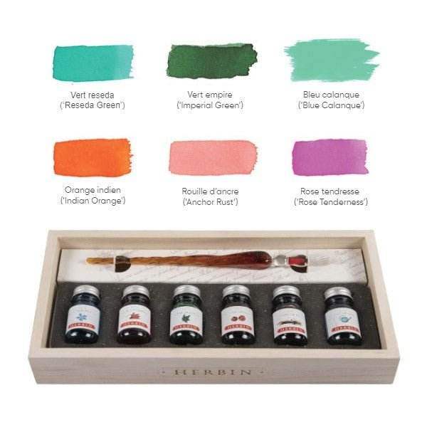 J. Herbin Glazen Dip Pen Set - 6 Kleuren Inkt - 24Papershop