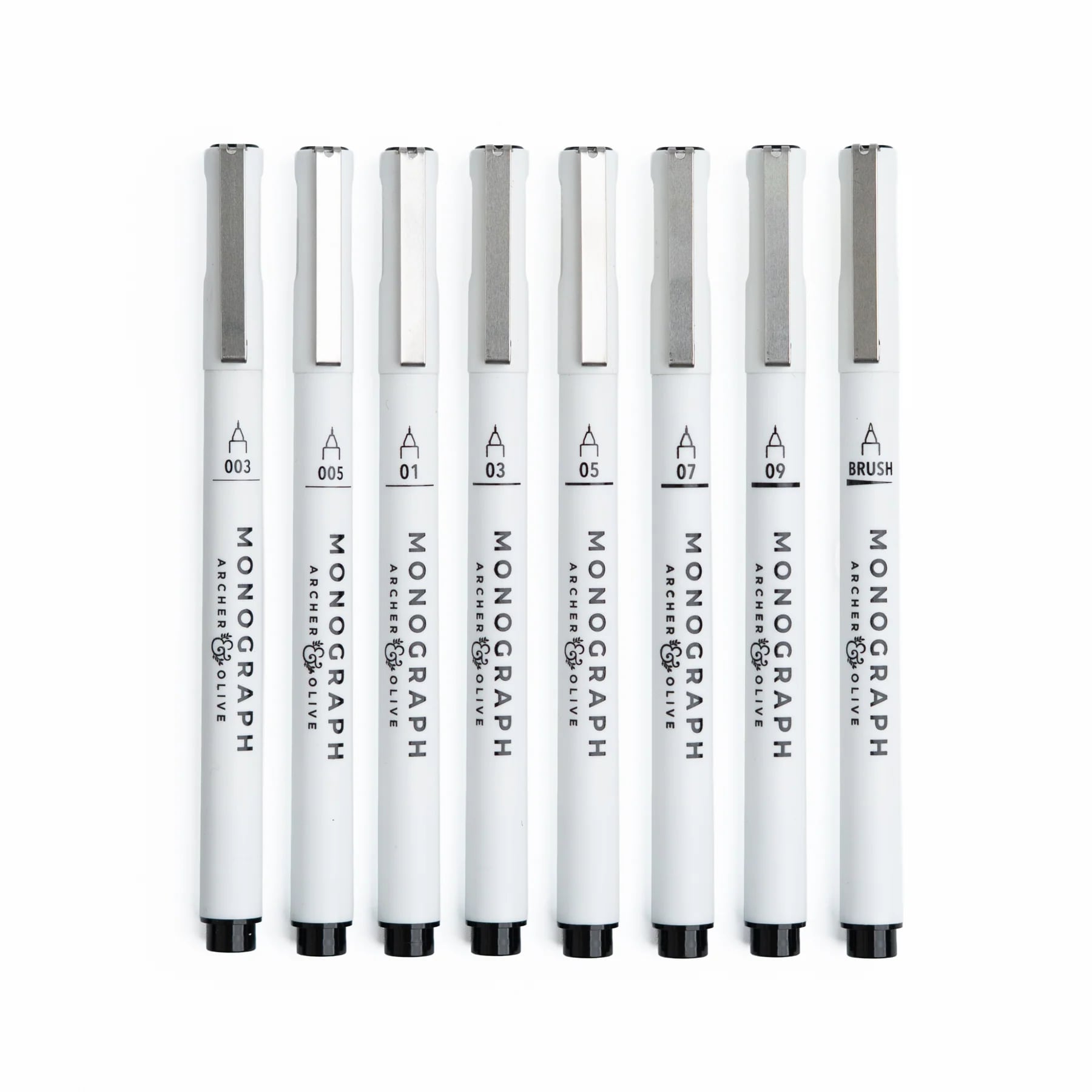 Archer & Olive Monograph Pen Set of 8 - Voorbeeld van alle pennen en pengroottes