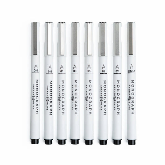 Archer & Olive Monograph Pen Set of 8 - Voorbeeld van alle pennen en pengroottes