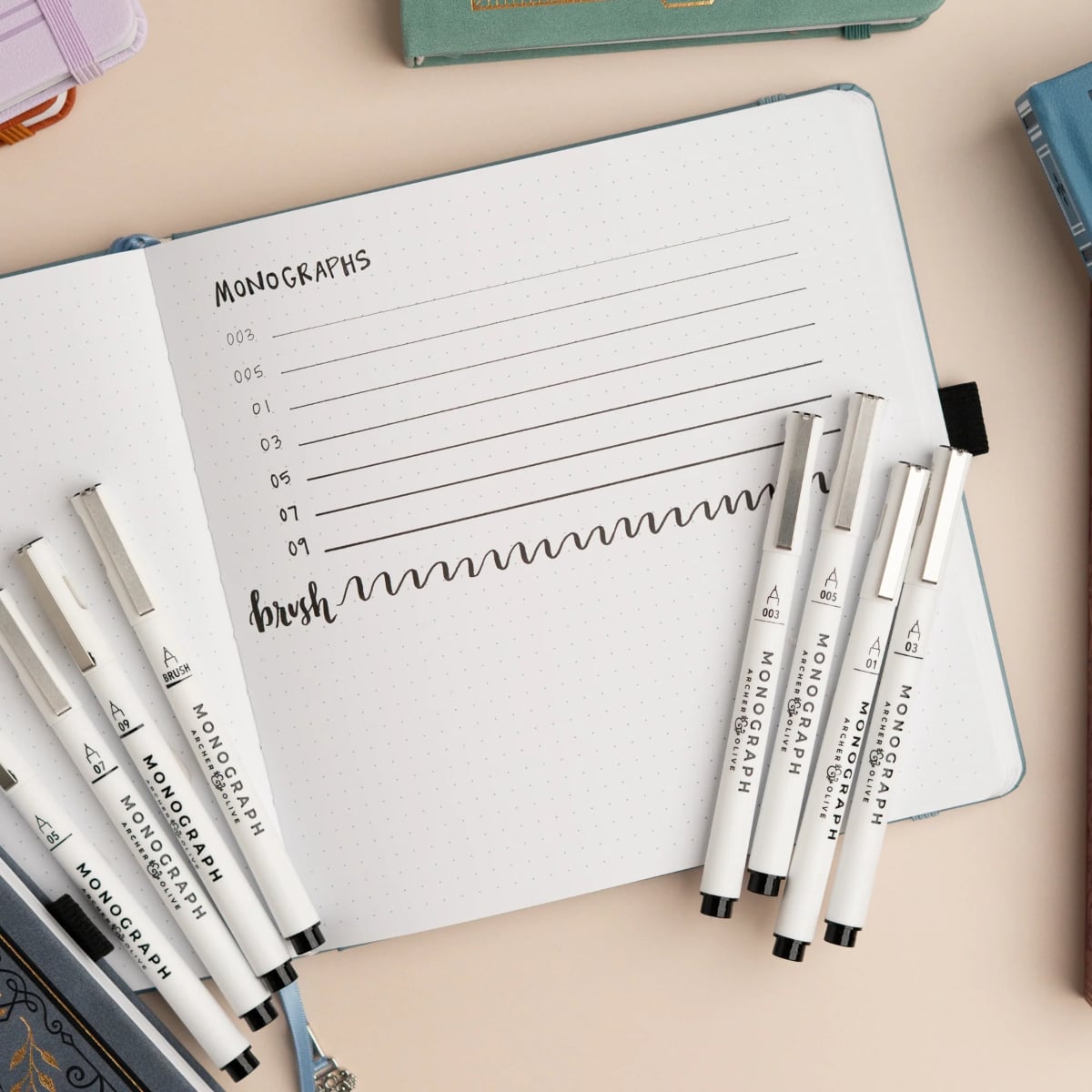 Archer & Olive Monograph Pen Set of 8 - Voorbeeld van alle diktes