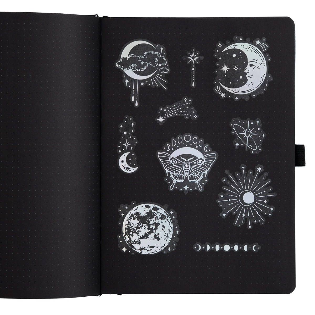 Archer & Olive Stickers - Lunar Veil - Stickers in een zwarte bulletjournal