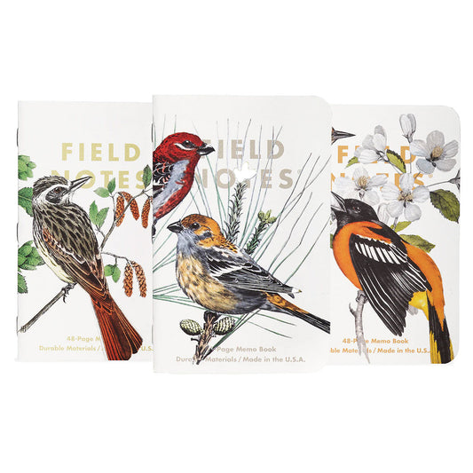 Field Notes Pack B – Pine Grosbeak, Baltimore Oriole en Flycatcher op natuurgetrouwe covers