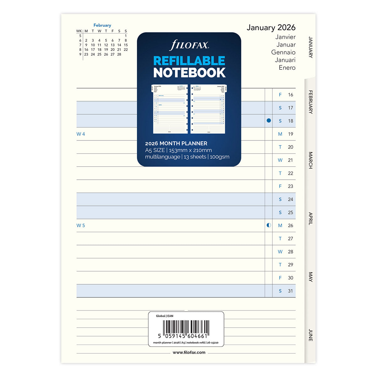 Filofax Hervulbaar Notitieboek A5 Maandplanner 2026