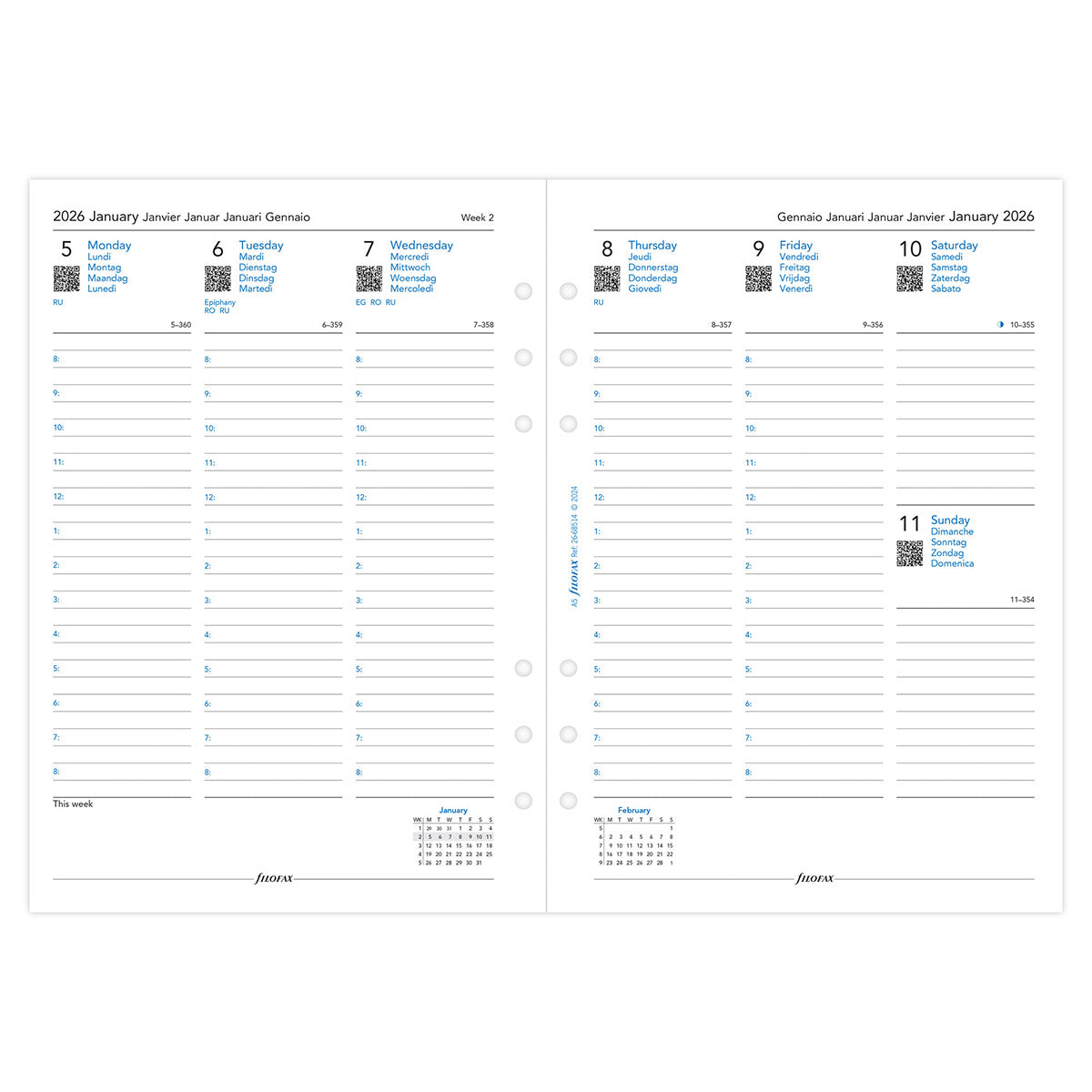 Filofax Clipbook & Organiser Agenda Navulling 2026 - Week on Two Pages - overzichtpagina op een witte achtergrond
