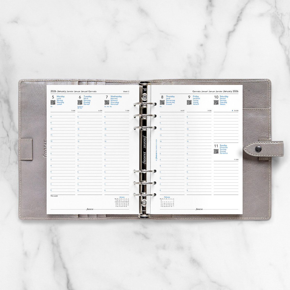 Filofax Clipbook & Organiser Agenda Navulling 2026 - Week on Two Pages - overzicht van volledige vulling in een Filofax organizer