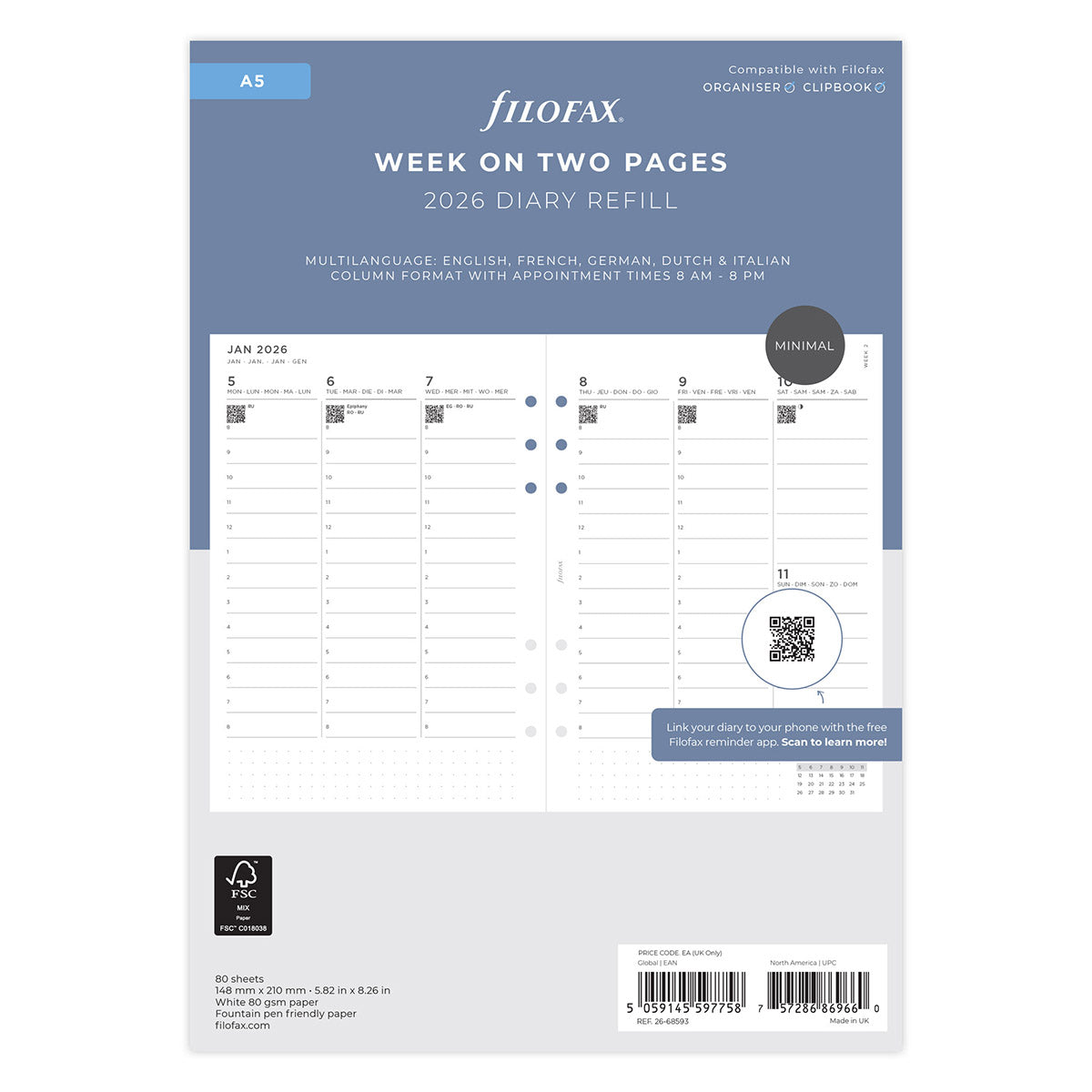 Filofax Clipbook & Organiser Agenda Navulling 2026 A5 Blocks - Week on Two Pages