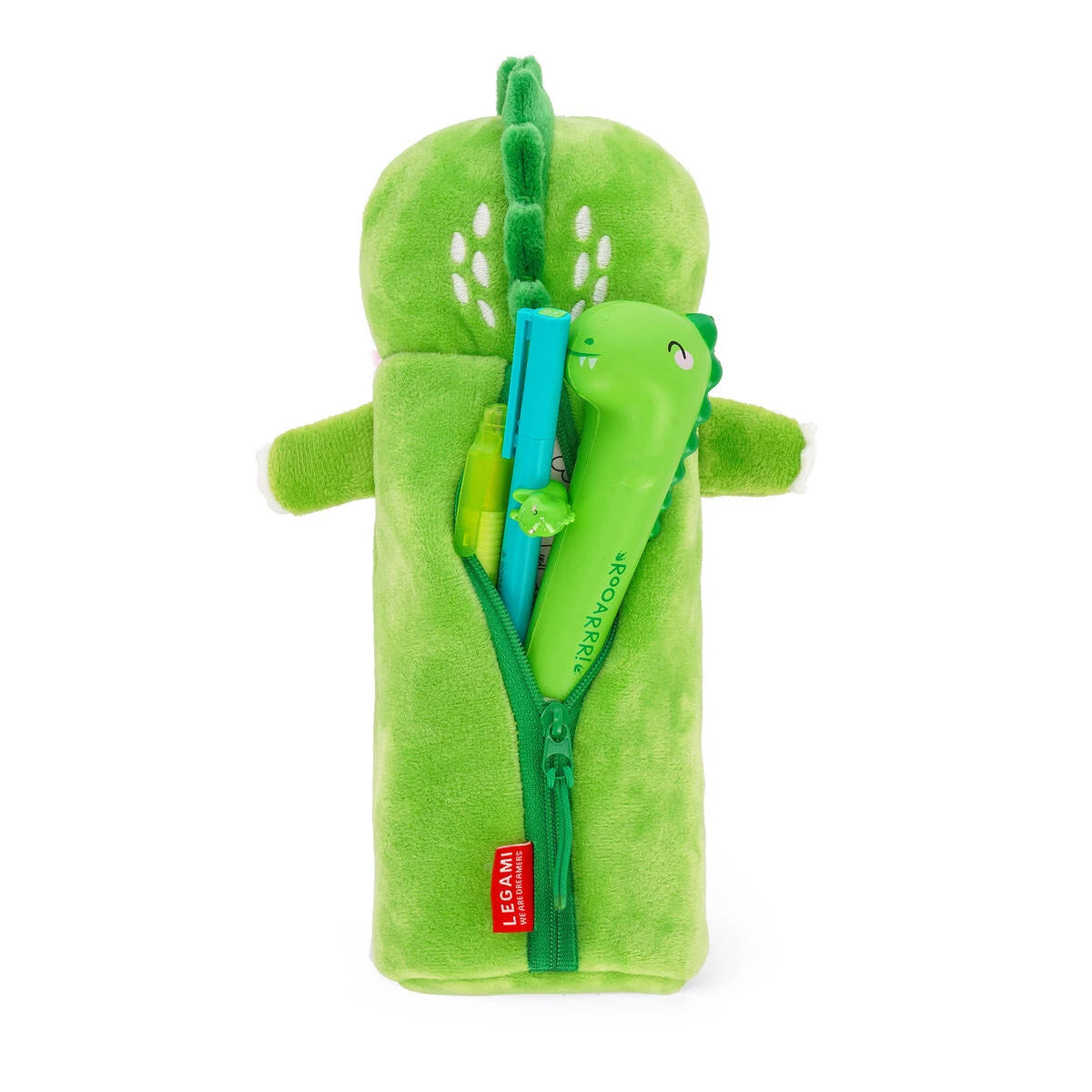 Legami Etui Super Soft - Dino - Achterkant met de rits open en een aantal pennen