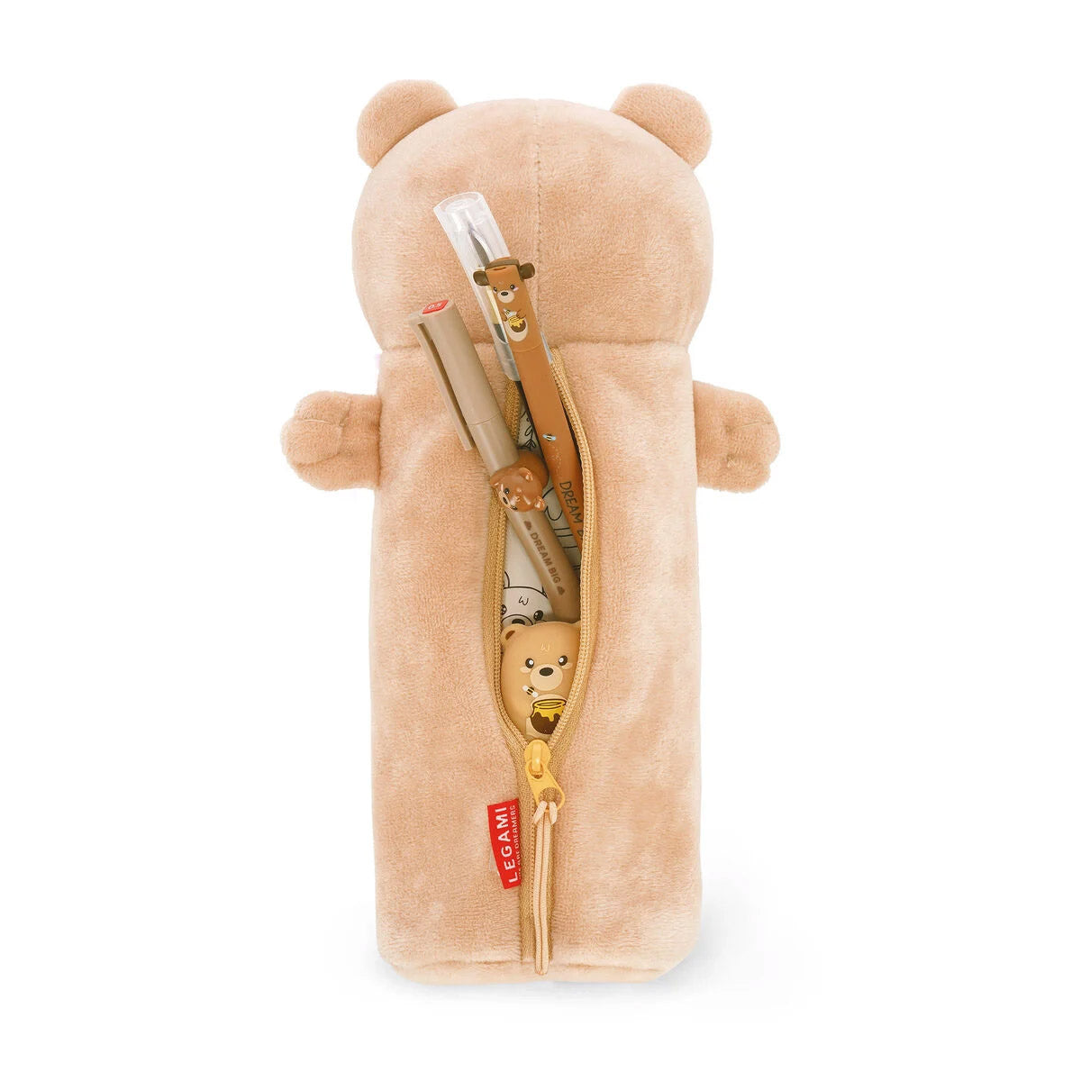 Legami Etui Super Soft - Teddy Bear - Achterkant met rits open en een aantal pennen