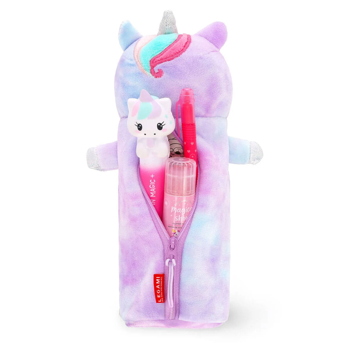 Legami Etui Super Soft - Unicorn - Achterkant met een rits open en pennen erin
