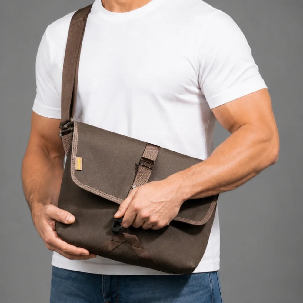 Lochby Field Sling Plus - Brown - Sfeerfoto van de tas op een persoon