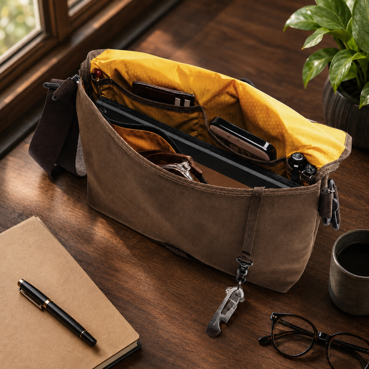 Lochby Field Sling Plus - Brown - Sfeerfoto van de tas met inhoud