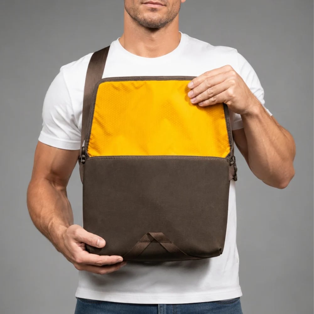 Lochby Field Sling Plus - Brown - Sfeerfoto van de tas geopend door een persoon