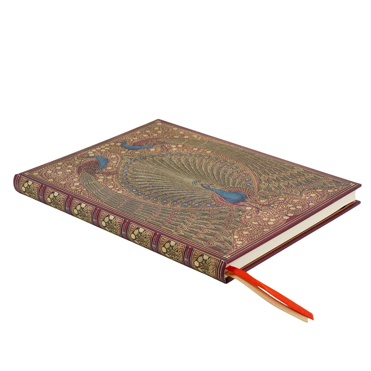 Paperblanks Agenda 2026-2027 - Hafiz's Peacocks - Voorkant van de agenda op een witte achtergrond, foto van zijkant genomen