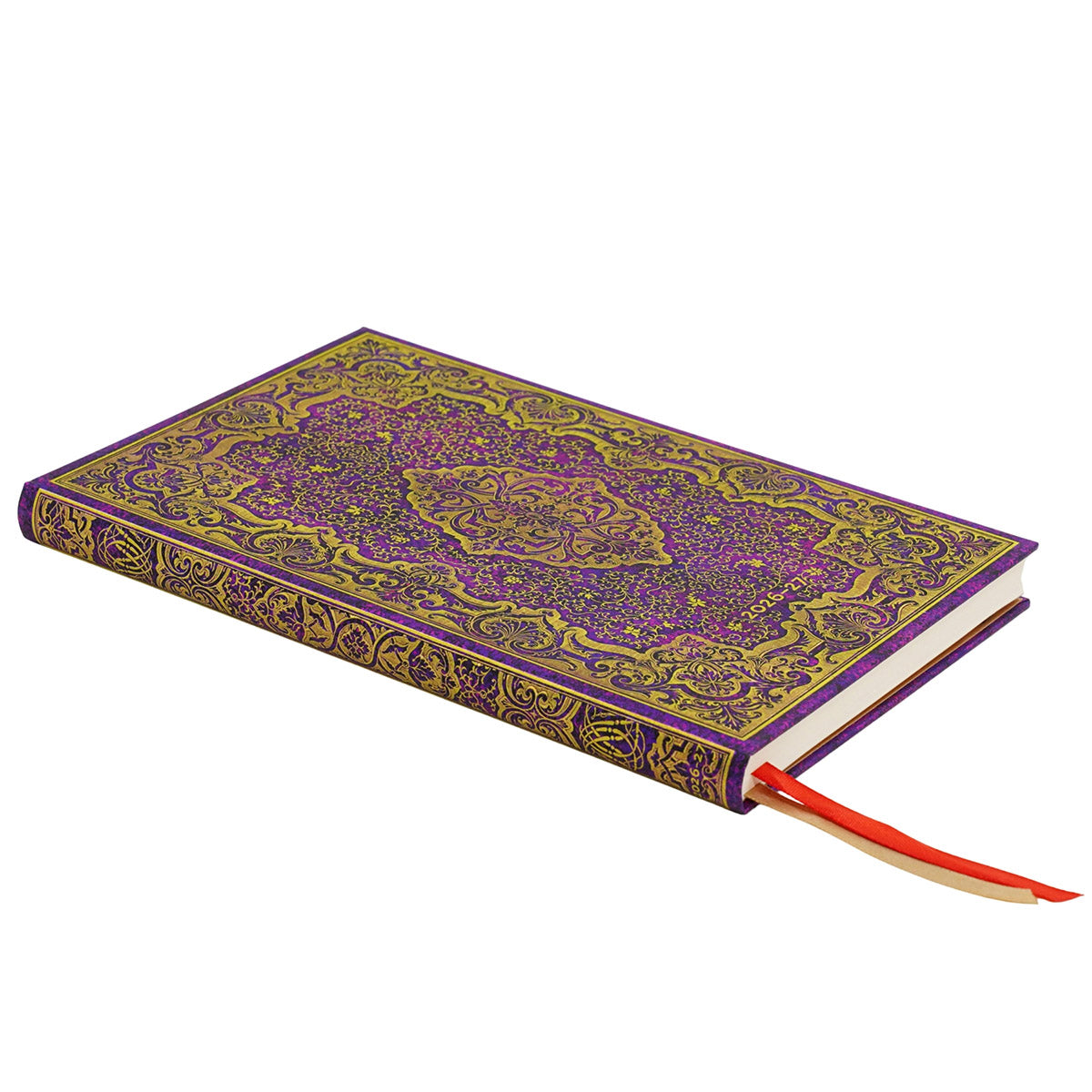 Paperblanks Agenda 2026-2027 - Picaresque - Voorkant van de agenda op een witte achtergrond van de zijkant genomen foto