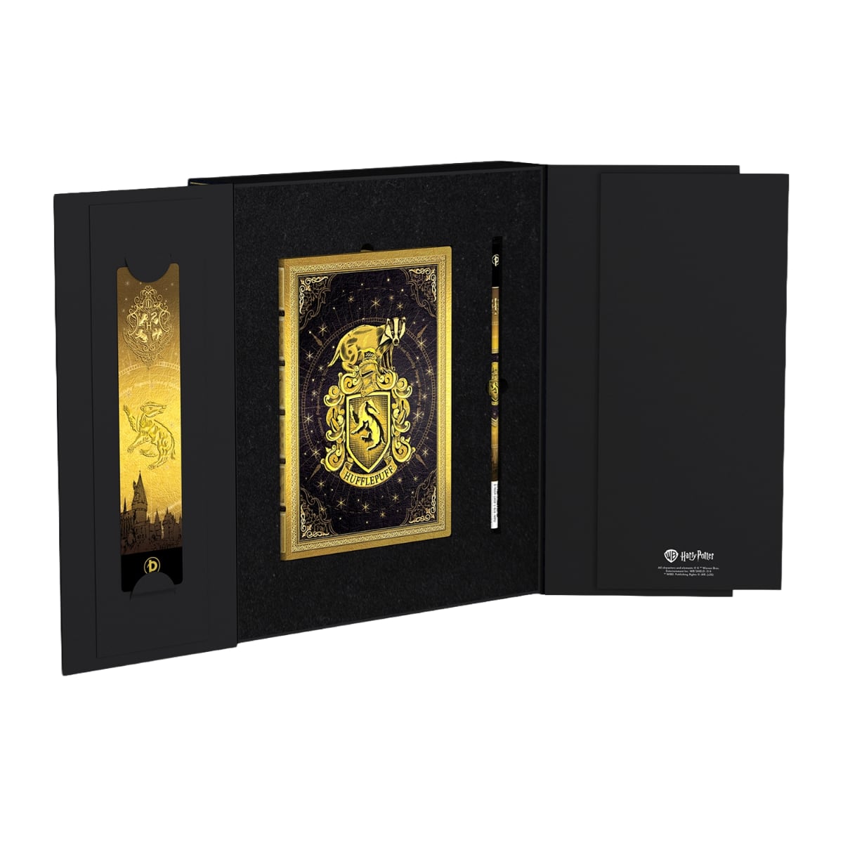 Paperblanks Hufflepuff Gift Set - Box geopend met Notitieboek, Boekenlegger en Potlood