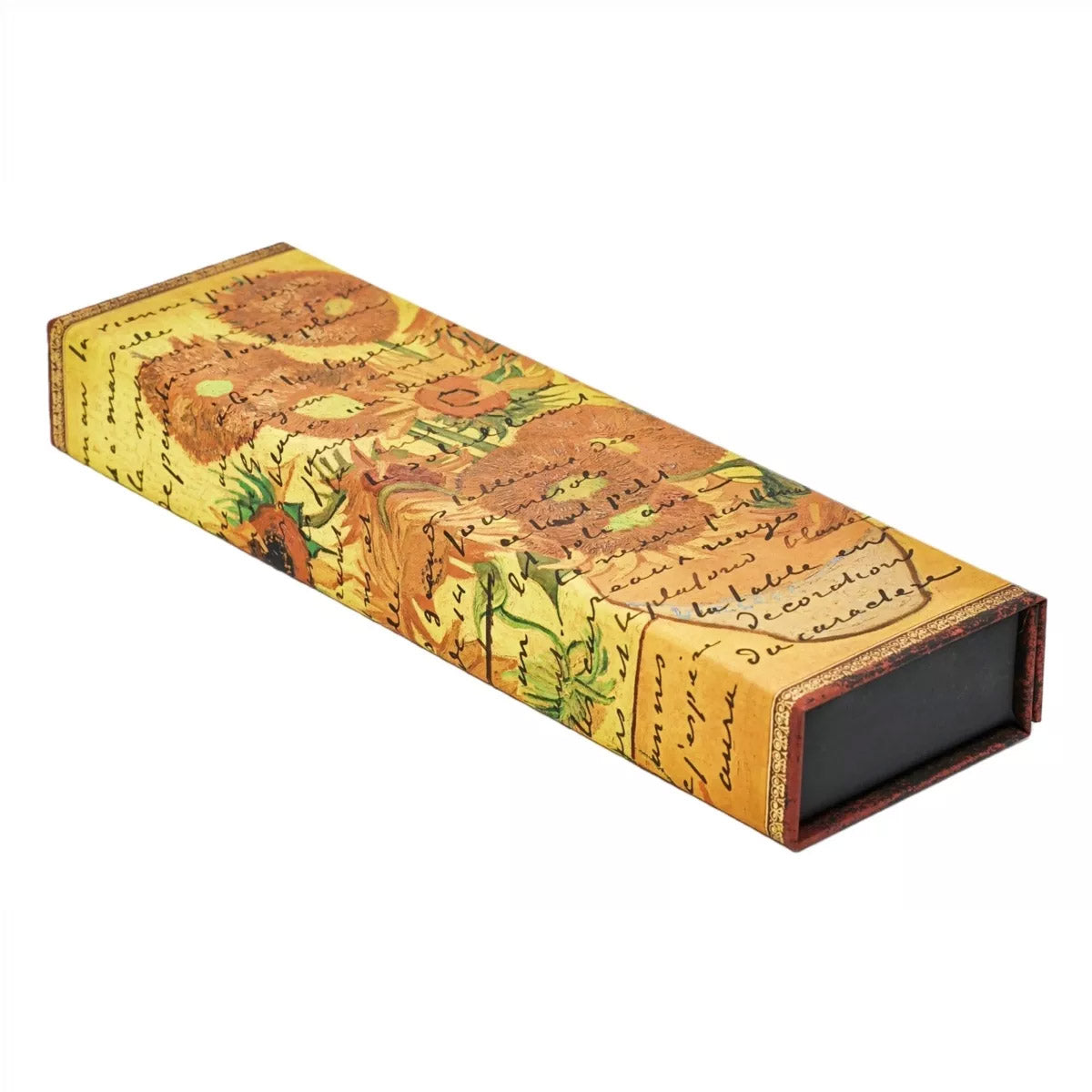 Paperblanks Pennen Box Van Gogh, Sunflowers - Gesloten pennenbox op een witte achtergrond