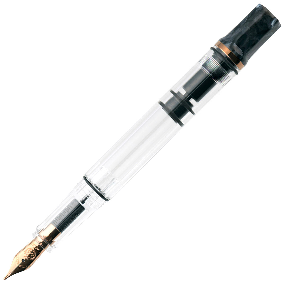 TWSBI Eco Fountain Pen Black Marble with Bronze - Vulpen zonder dop op een witte achtergrond
