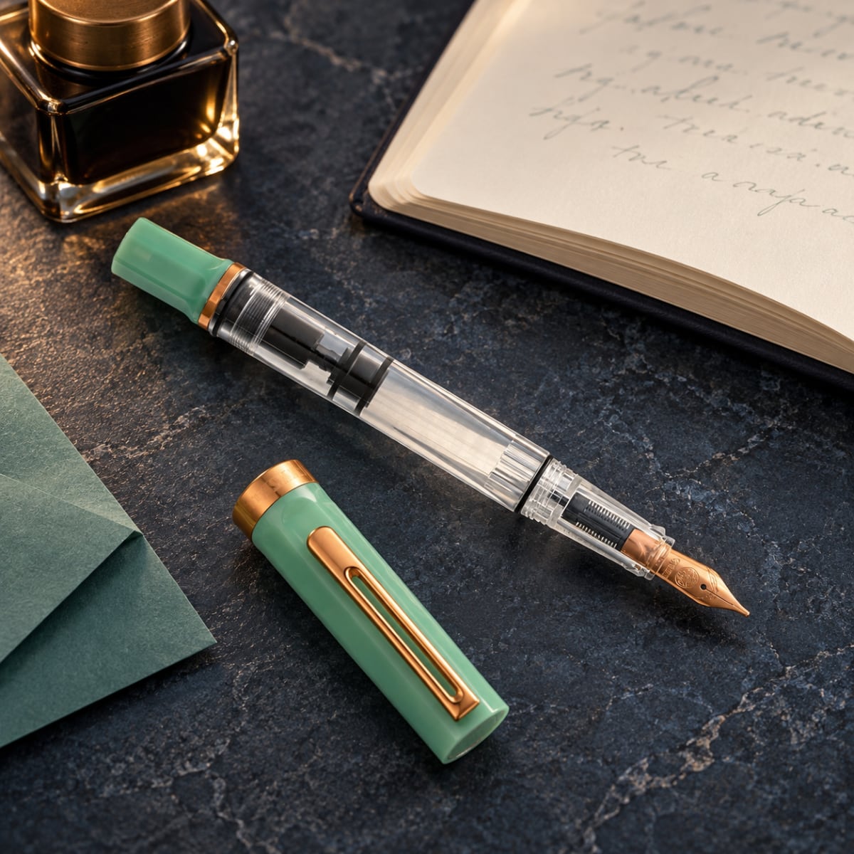 TWSBI Eco Fountain Pen Jade Jelly with Bronze - Sfeerfoto