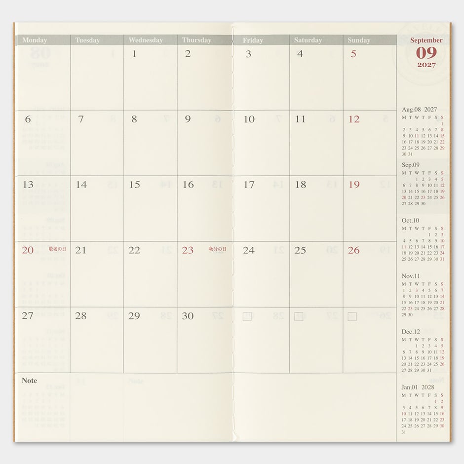 TRAVELER'S Refill Regular Diary 2027 - Monthly
