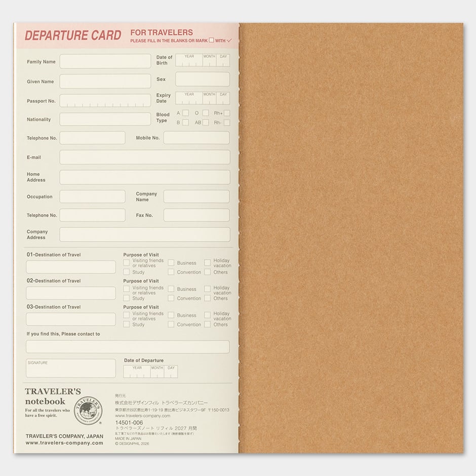 TRAVELER'S Refill Regular Diary 2027 - Monthly