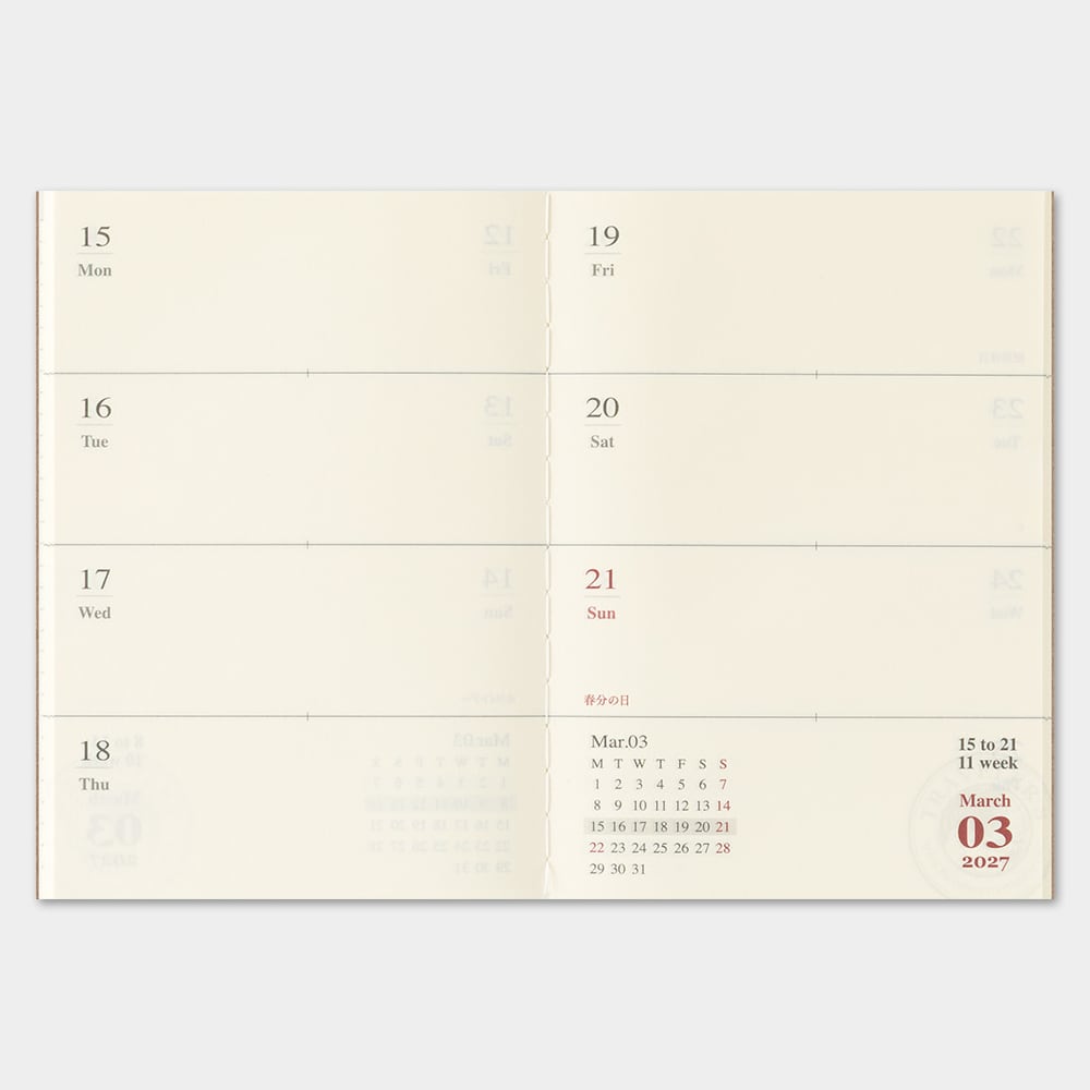 TRAVELER'S Refill Passport Diary 2027 - Weekly - Indeling van de agenda
