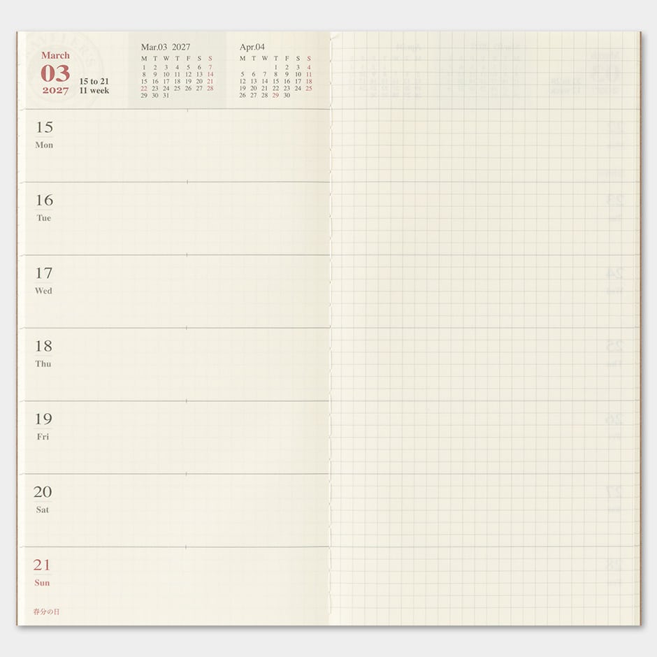 TRAVELER'S Refill Regular Diary 2027 - Weekly + Memo - Voorbeeld van de indeling