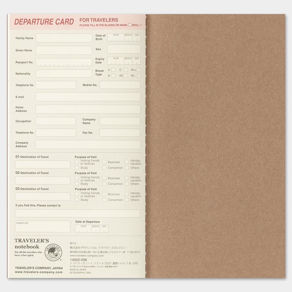 TRAVELER'S Refill Regular Diary 2027 - Weekly + Memo