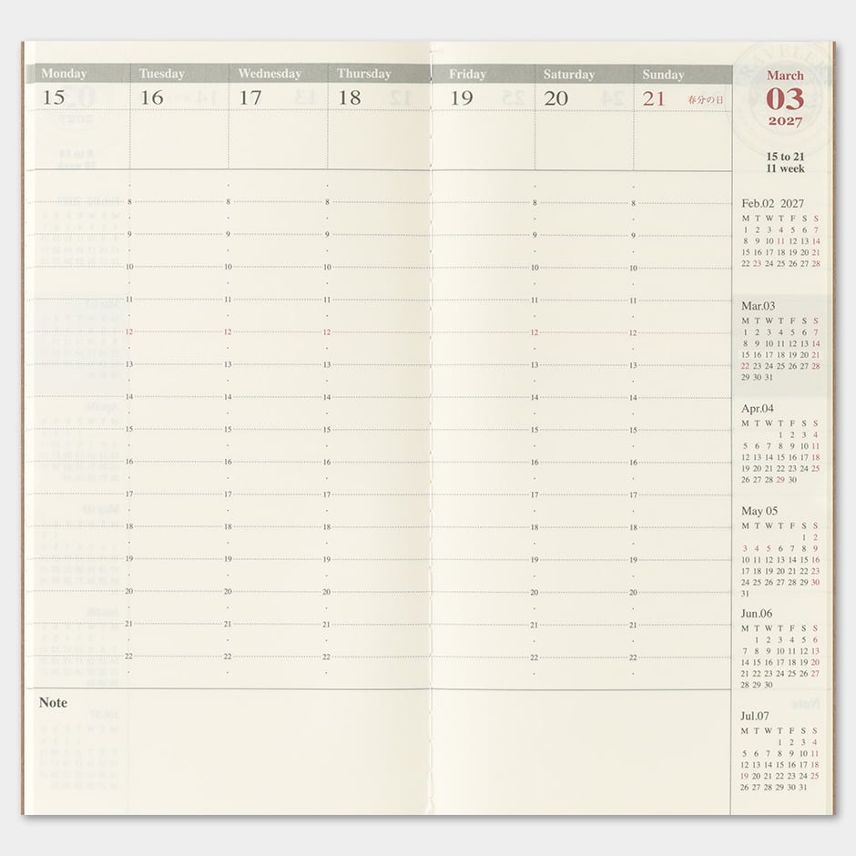 TRAVELER'S Refill Regular Diary 2027 - Weekly [Vertical] - Indeling van de agenda