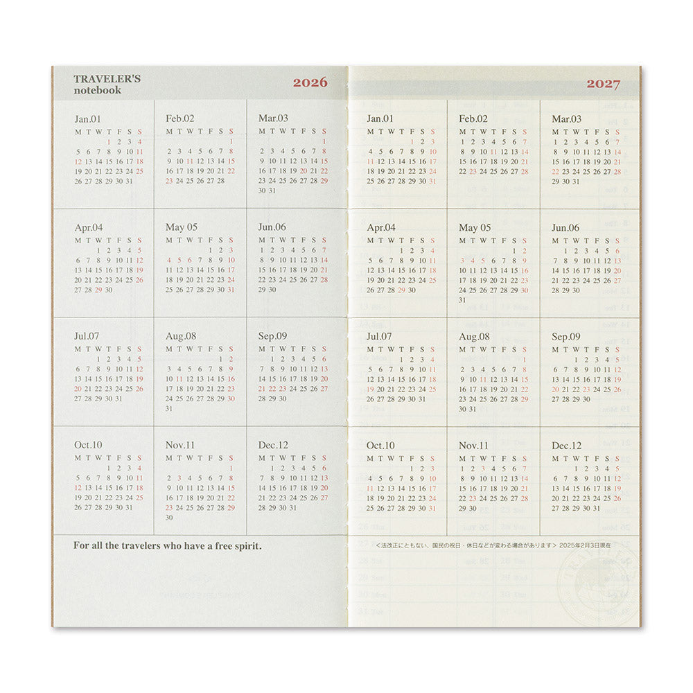 TRAVELER'S Refill Regular Diary 2026 - Weekly [Vertical] - Jaaroverzicht
