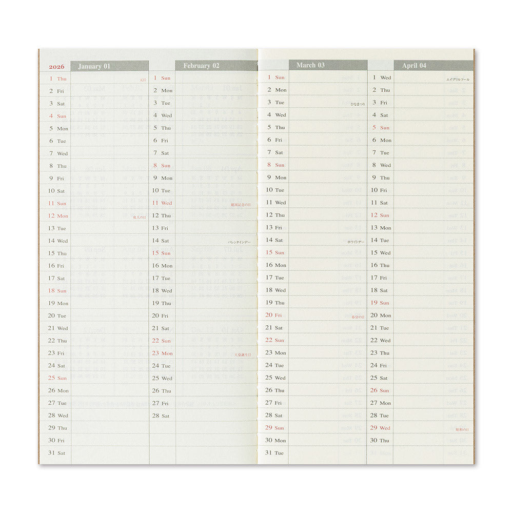 TRAVELER'S Refill Regular Diary 2026 - Weekly [Vertical]