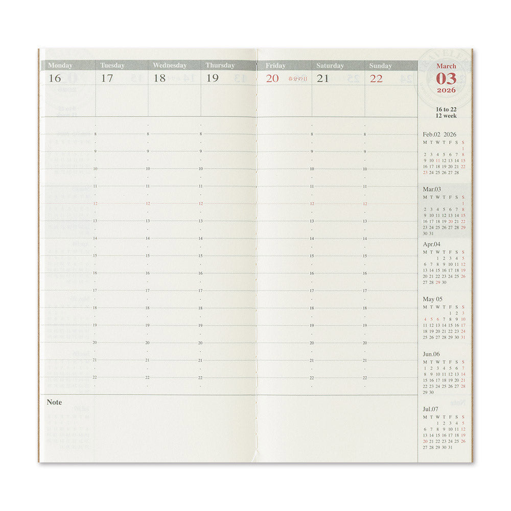 TRAVELER'S Refill Regular Diary 2026 - Weekly [Vertical] - Voorbeeld van verticale indeling