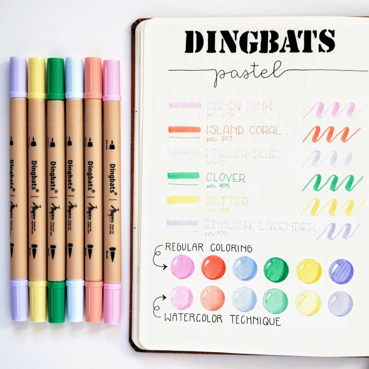 Dingbats* Atopen Dual Tip pennen Set van 6 Pastel Kleuren - 24Papershop