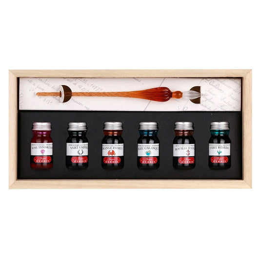 J. Herbin Glazen Dip Pen Set - 6 Kleuren Inkt