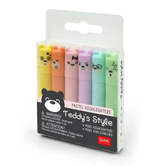 Legami Set van 6 Mini Pastel Highlighters - Teddy's Style - 24Papershop