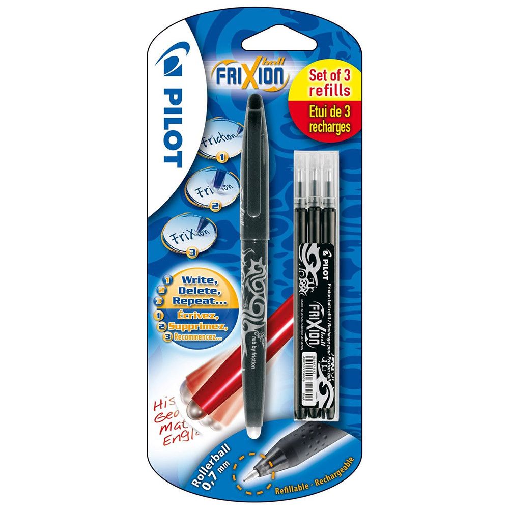 Pilot Frixion Ball Pen + 0,7mm 3 Set Blister - Zwart - 24Papershop