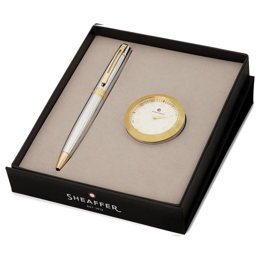 Sheaffer Giftset Balpen 300 Bright Chrome Gold en Tafelklok - 24Papershop